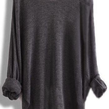 Grey Batwing Casual Loose Asymmetric Sweater Knit..