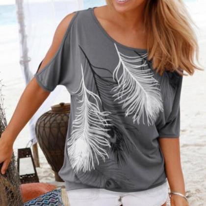 Feather Print Strapless Shirt Blouse Tops..