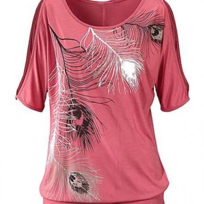 Feather Print Strapless Shirt Blouse Tops..