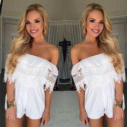Strapless Lace Boat Neck Rompers Jumpsuit..
