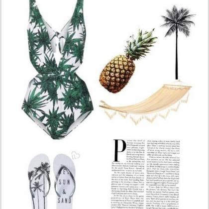 Palm Print Plunge V One-piece Swimsuit Featuring..