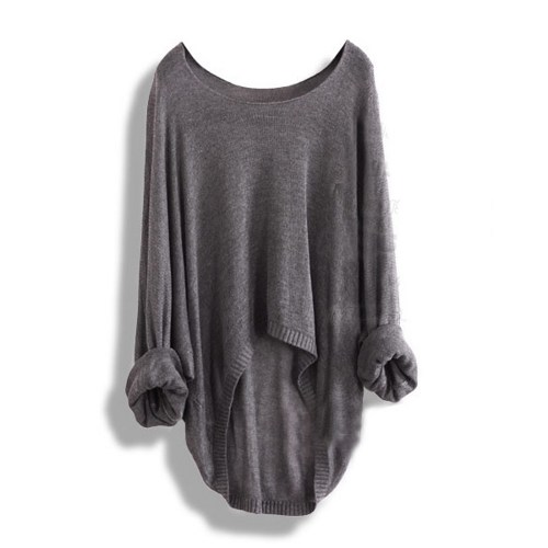 Grey Batwing Casual Loose Asymmetric Sweater Knit Top