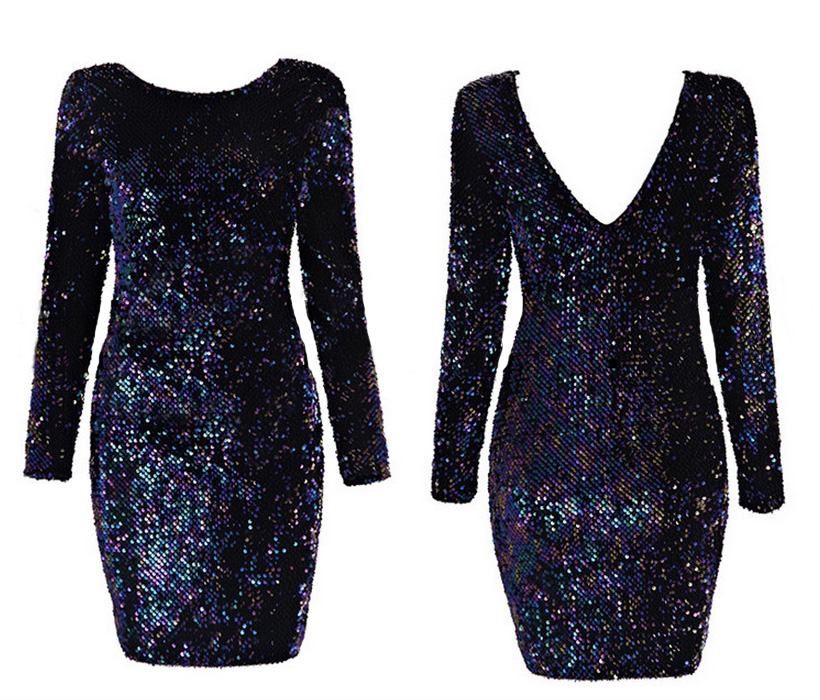 Colored Sequins Slim Package Hip Tight Long-sleeved Dress Zg0106i