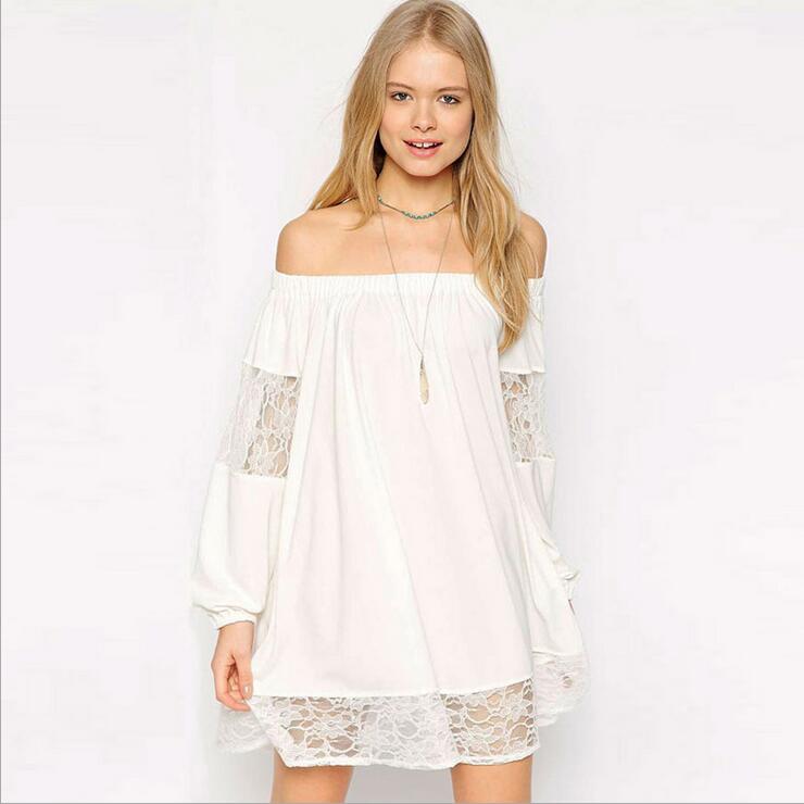 Lace Chiffon Off-the-shoulder Shift Dress Featuring Long Puffed Sleeves