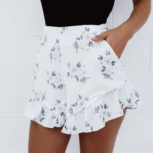White Floral Print High Rise Ruffled Shorts