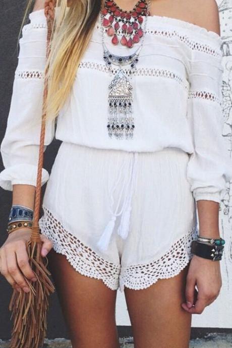 Hollow Out Stitching Off The Shoulder Short Jumpsuit Romper